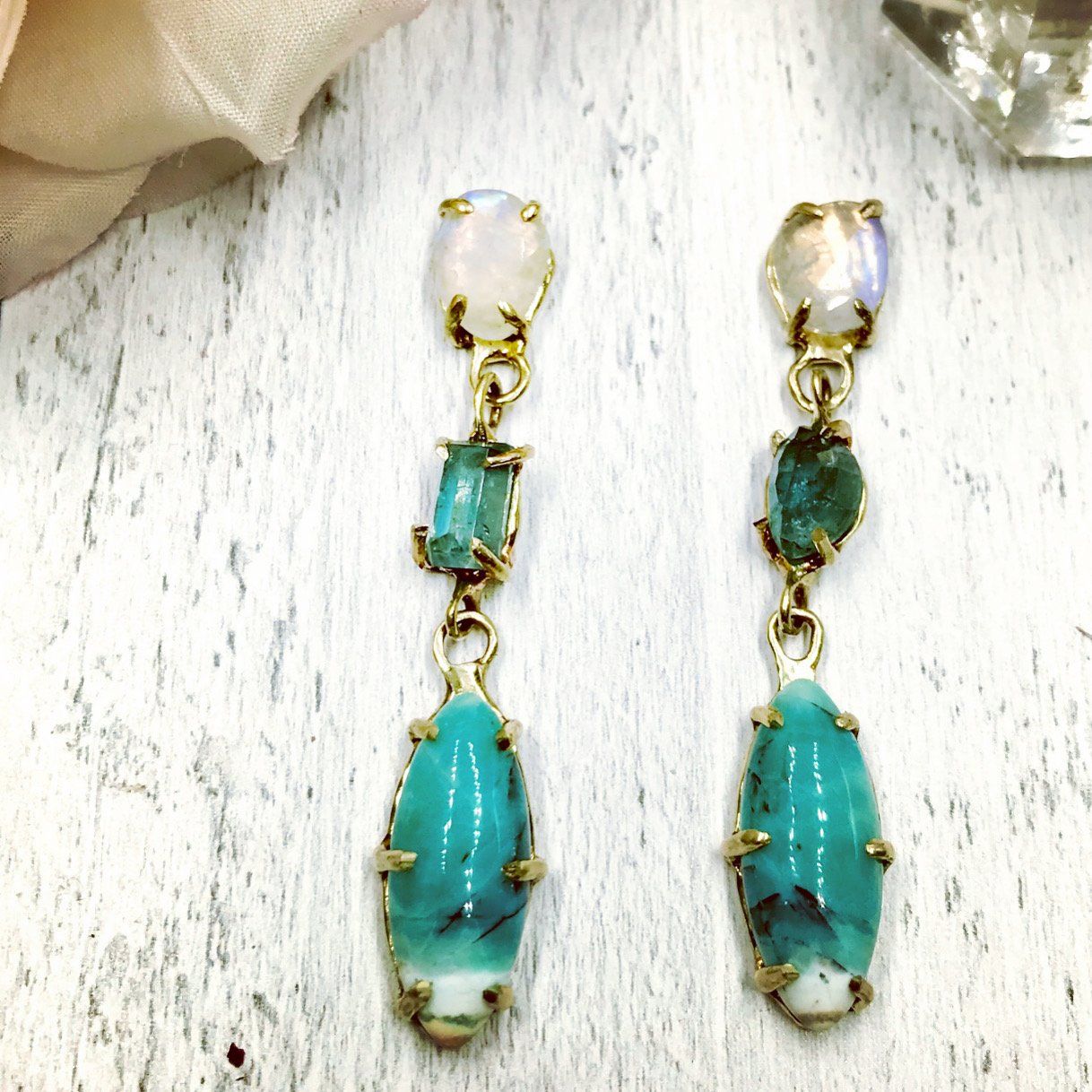 Opalized Wood Tourmaline and Moonstone Earrings